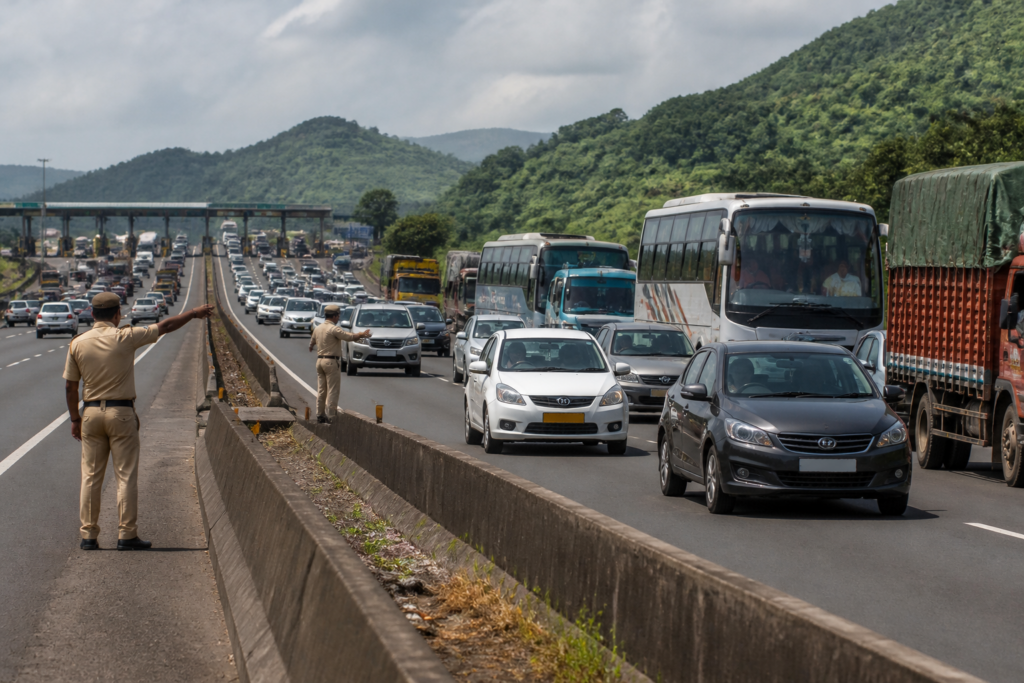 Pune-Mumbai Expressway traffic near Lonavala during festival travel restrictions