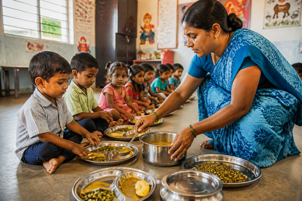 Gujarat anganwadi meal programme serving nutritious food to children at a centre