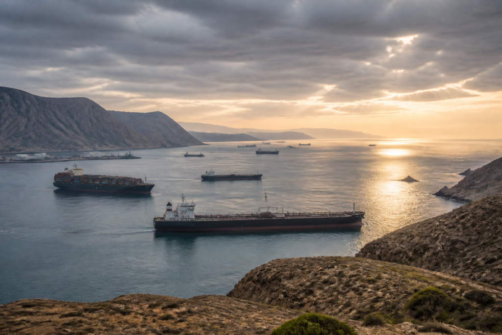Oil prices and Strait of Hormuz shipping route amid tanker traffic and regional tensions