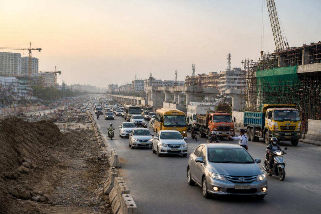 SH-35 traffic near Varthur and Gunjur with vehicles moving through an active roadwork corridor