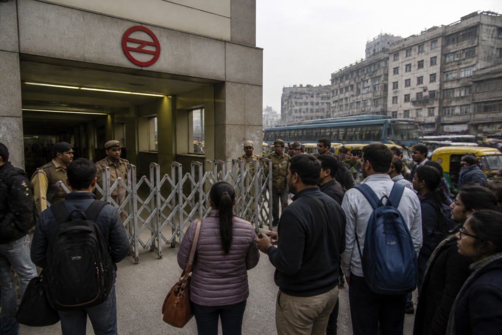 Delhi Metro restrictions at a station entrance during a protest-related access control