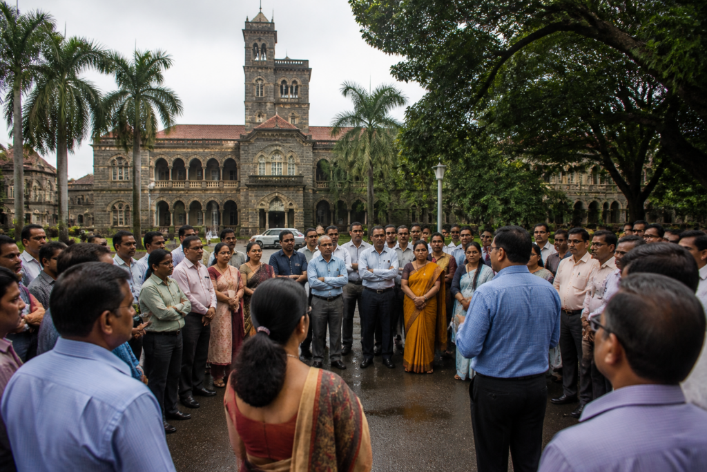 SPPU professors gathered at Savitribai Phule Pune University after a hostel governance dispute