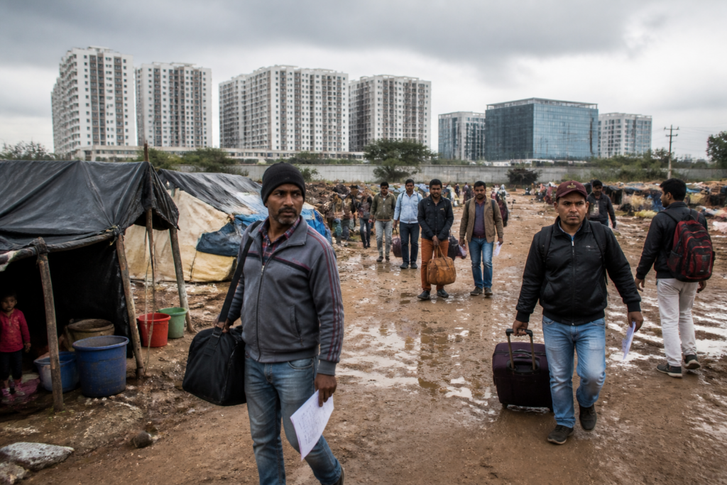 Bengali workers in Bengaluru living near gated apartments in makeshift housing