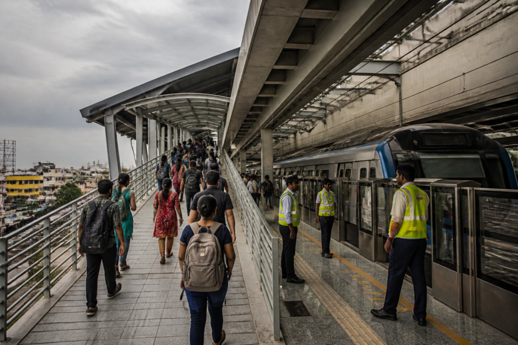 Vadapalani Metro Phase II platform with commuters and open platform screen doors