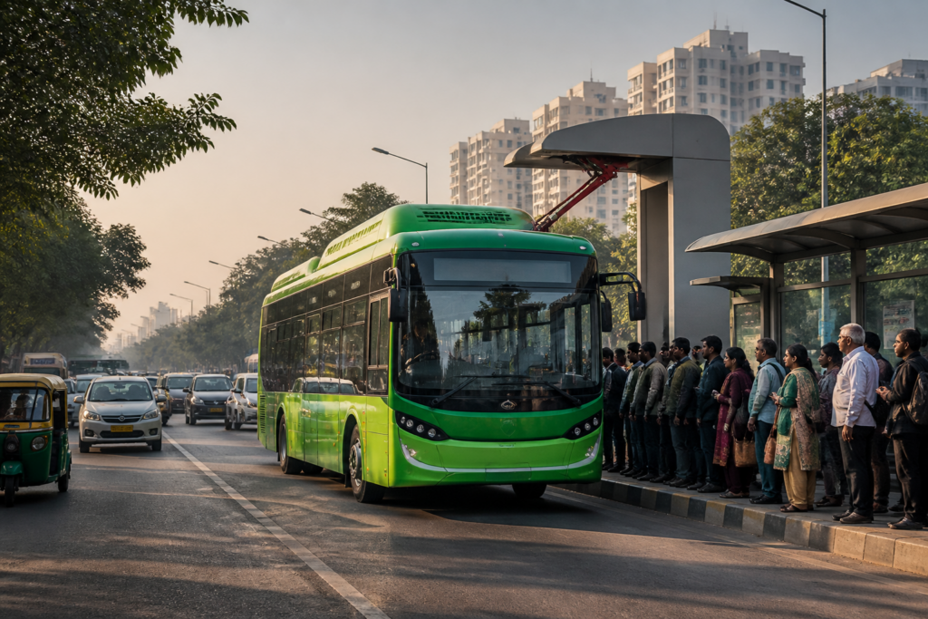 Delhi electric mobility with an electric bus moving through a busy city street