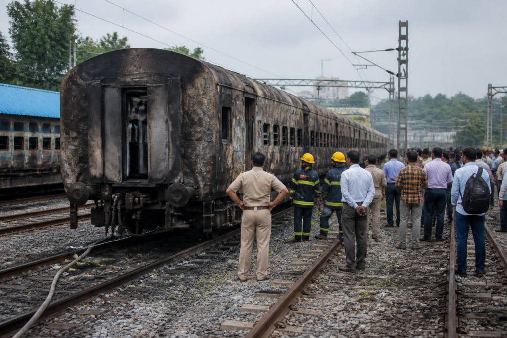 Fire-damaged railway coaches at the Rajanukunte railway yard near Bengaluru