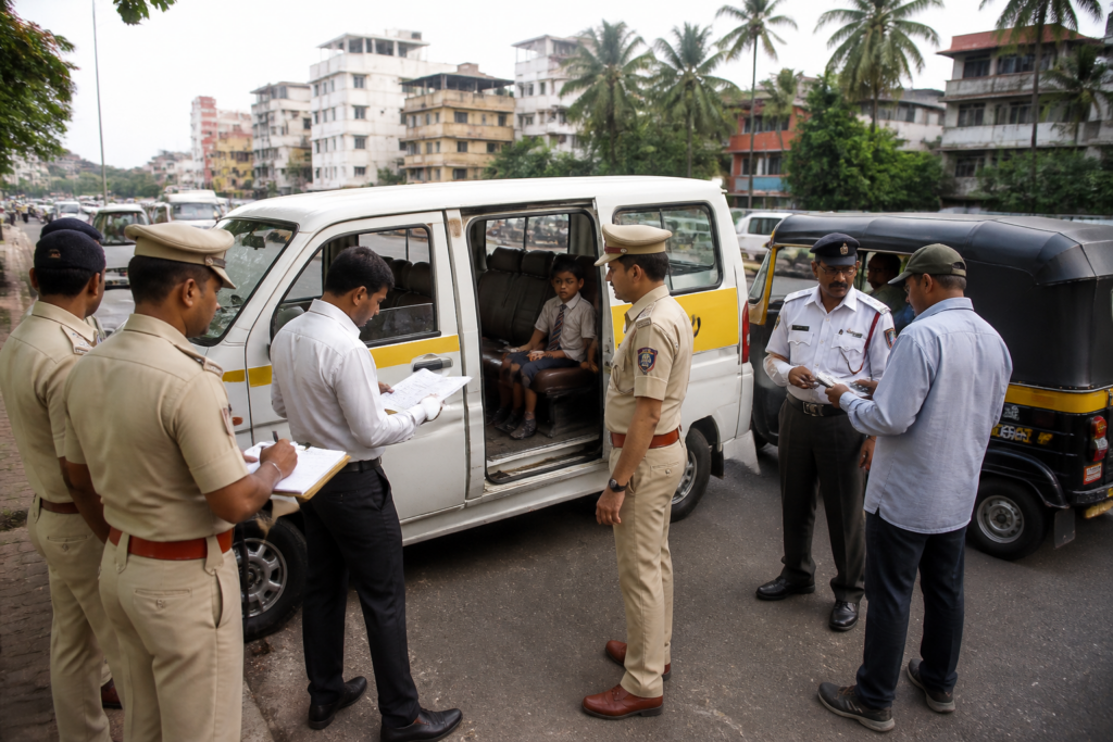 Mangaluru school transport vehicle checked during an RTO safety inspection