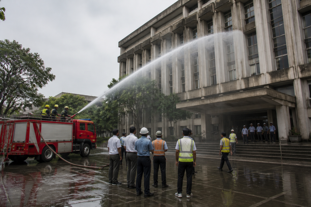 Pune water cut notice and municipal fire drill at a civic headquarters