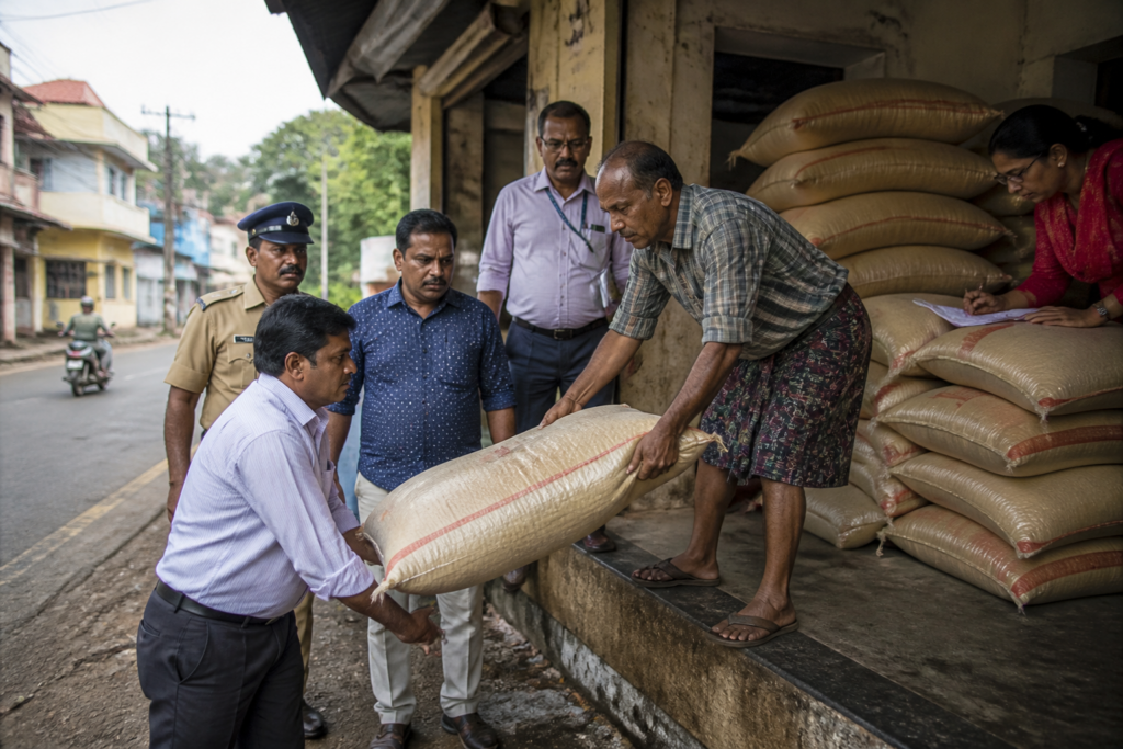 Kerala ration rice sacks being removed from a ration shop in Paravur after contamination complaints