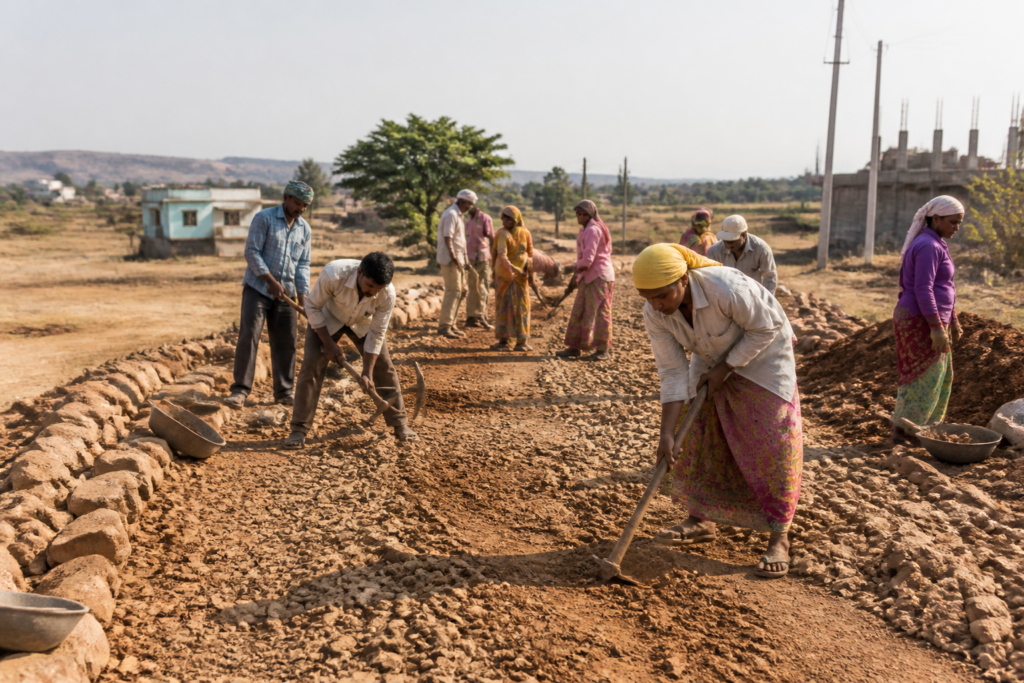 Karnataka rural employment scheme workers building a public asset in a village