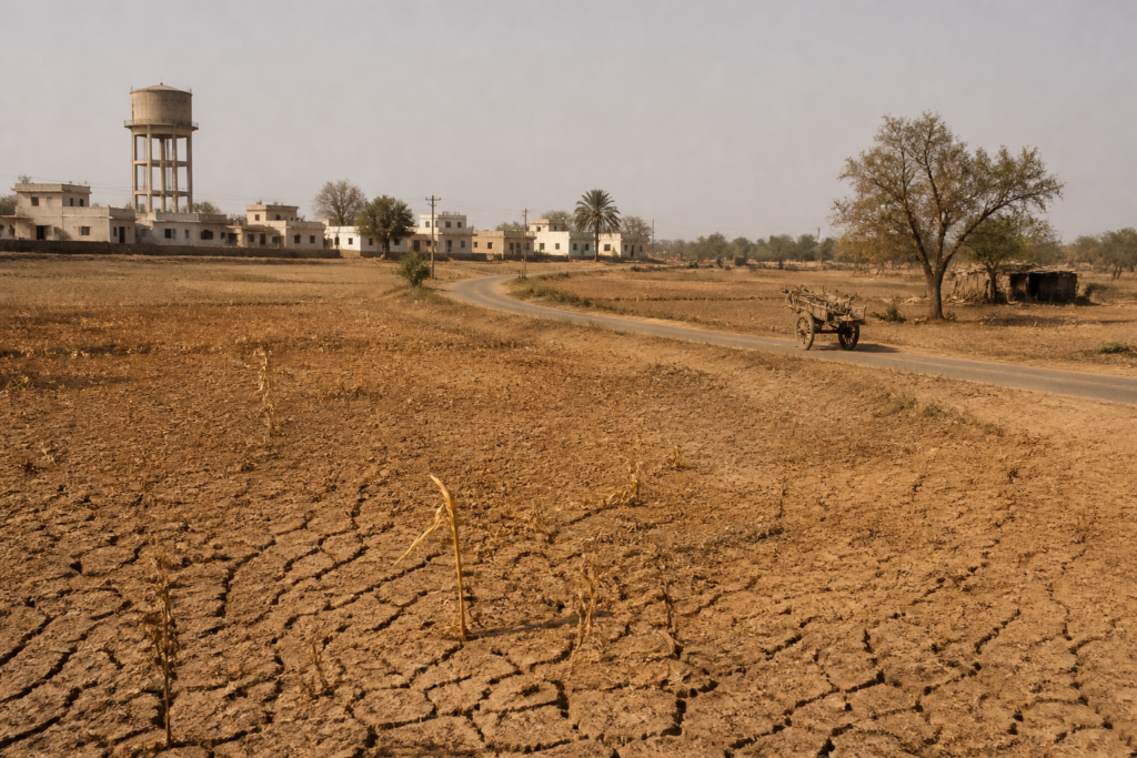 Dry agricultural field in Karnataka representing drought-hit taluks with cracked soil and sparse vegetation under harsh sunlight