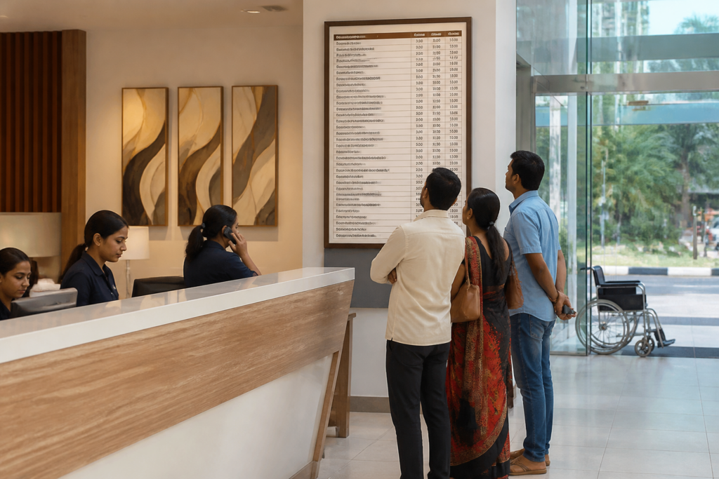Private hospital treatment rates displayed at a Karnataka hospital reception