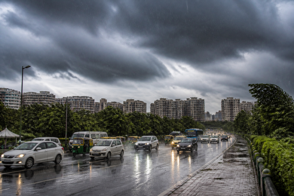 Delhi orange alert bringing dark rain clouds over the capital's urban skyline