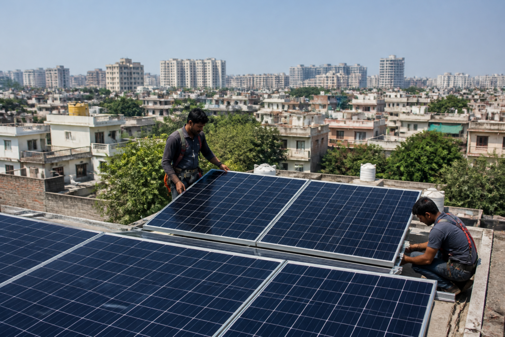 Delhi rooftop solar scheme panels installed on residential buildings in the capital