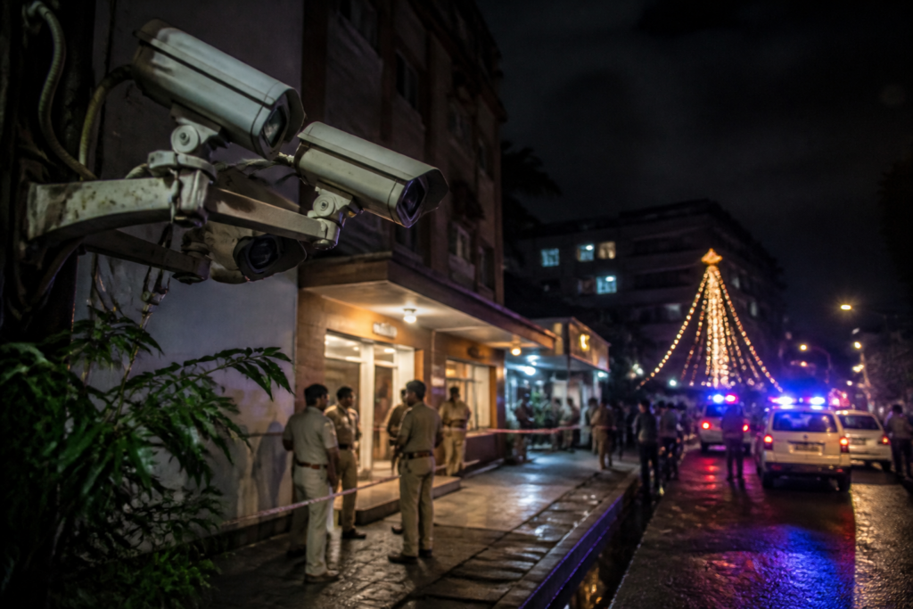 Thane CCTV cameras outside an urban office with police investigation activity