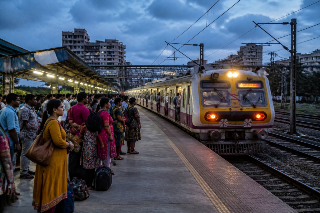 Durga Puja special local trains 2026 service at a busy Kolkata suburban railway station