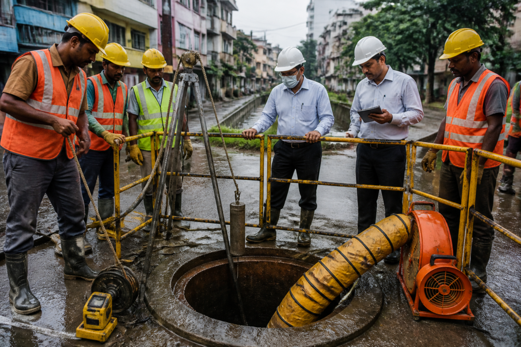 Tamil Nadu sanitation workers near a stormwater pump well in Chennai