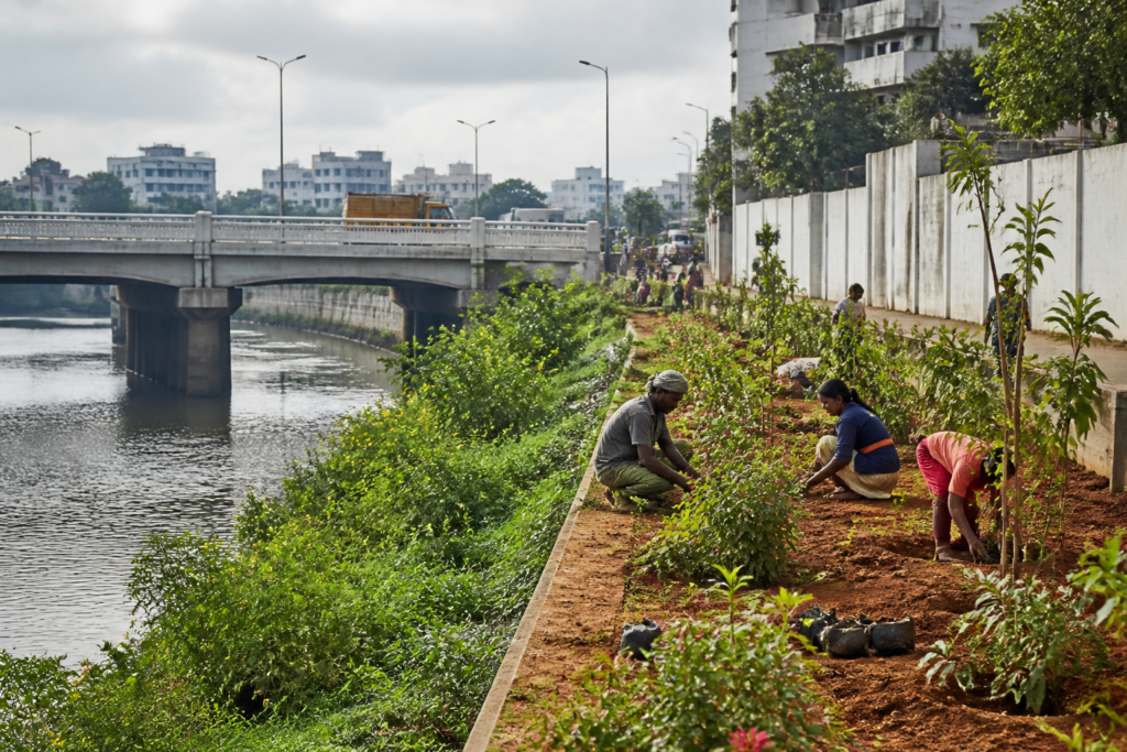 Cooum riverfront development stretch near Napier Bridge in Chennai with planned greenery and river-edge infrastructure