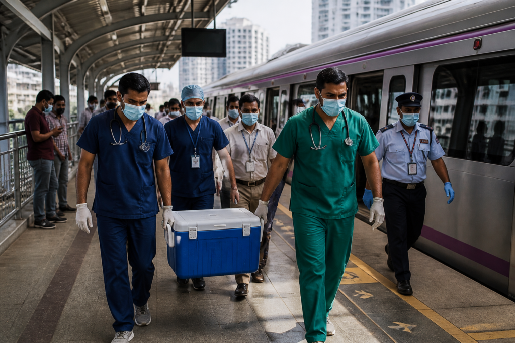 Bengaluru Metro organ transport operation involving a medical team at a station