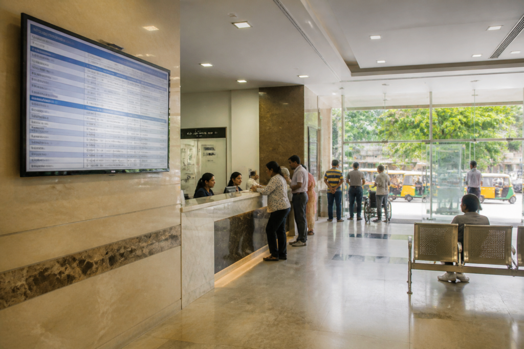Private hospital treatment rates displayed on a notice board in a Bengaluru hospital lobby