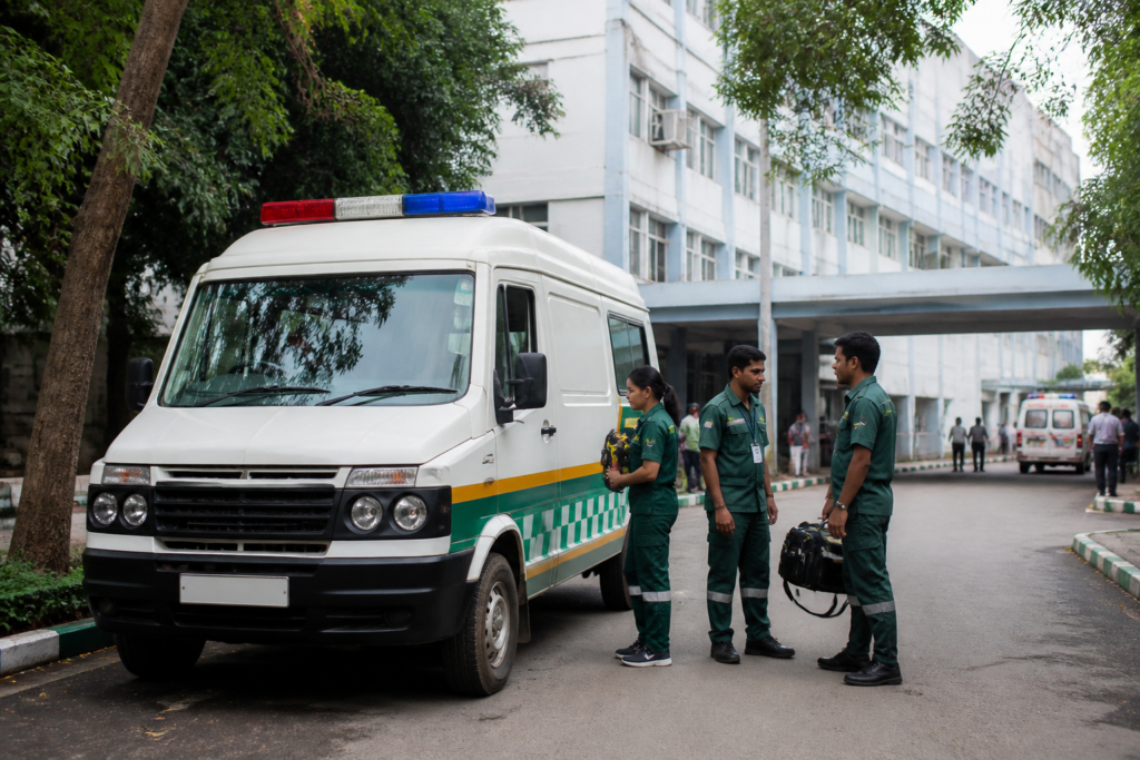 Karnataka 108 ambulance outside an emergency facility with staff preparing for duty