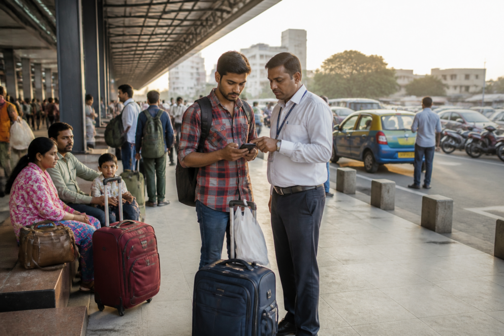 Ahmedabad railway station with passengers using a lounge for taxi and bike bookings