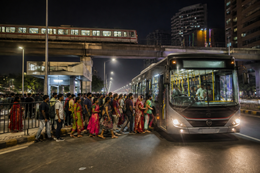Ahmedabad Metro Navratri timings shown with a late-night train serving festival commuters.