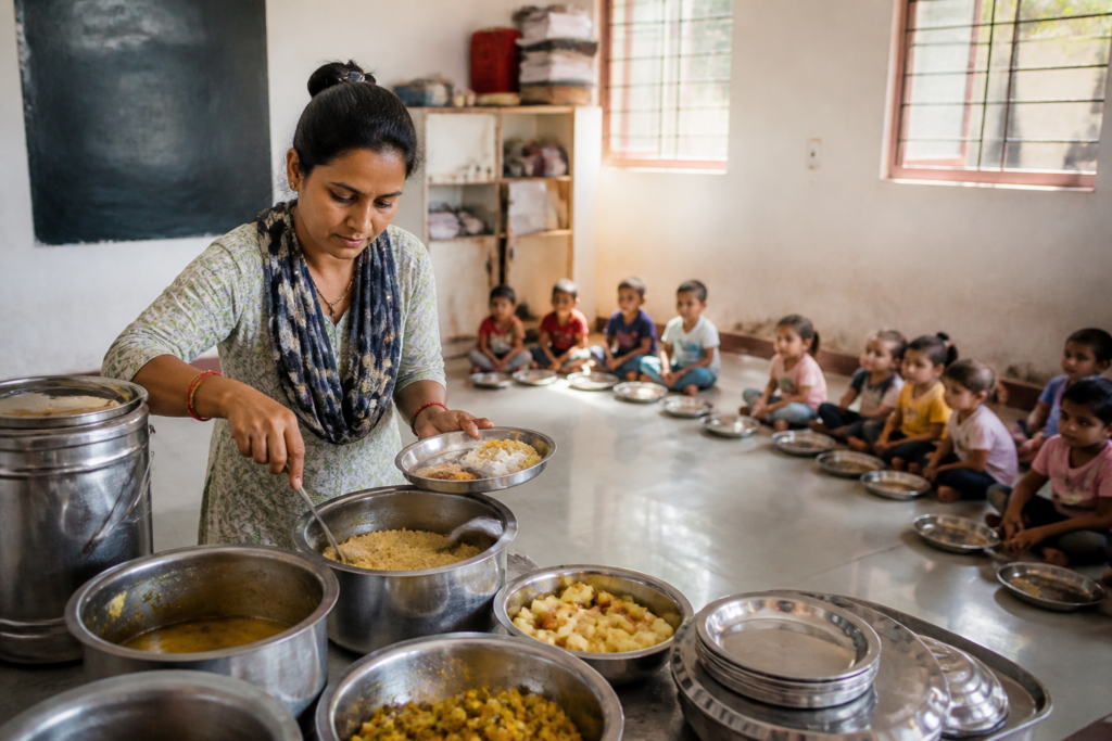 Gujarat Anganwadi nutrition meal preparation for young children at a community centre