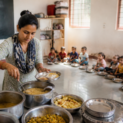 Gujarat Anganwadi nutrition meal preparation for young children at a community centre