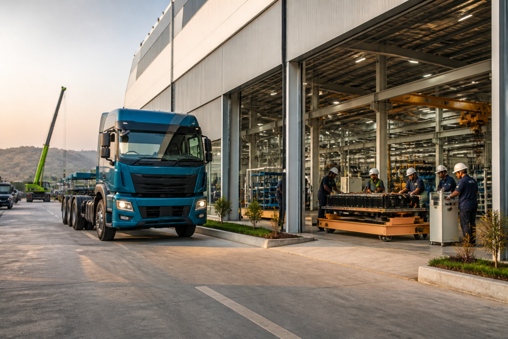 Electric truck complex in Pune with a heavy commercial EV outside a manufacturing facility