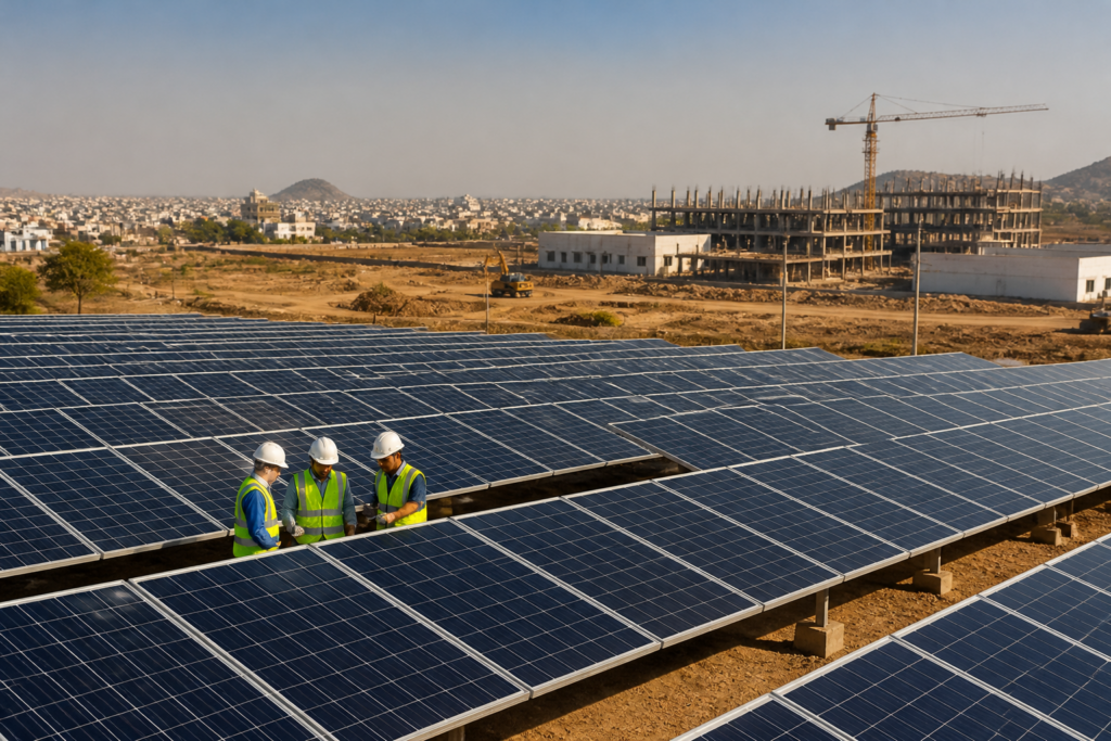Rajasthan industrial growth represented by a solar plant and workers near a developing industrial area