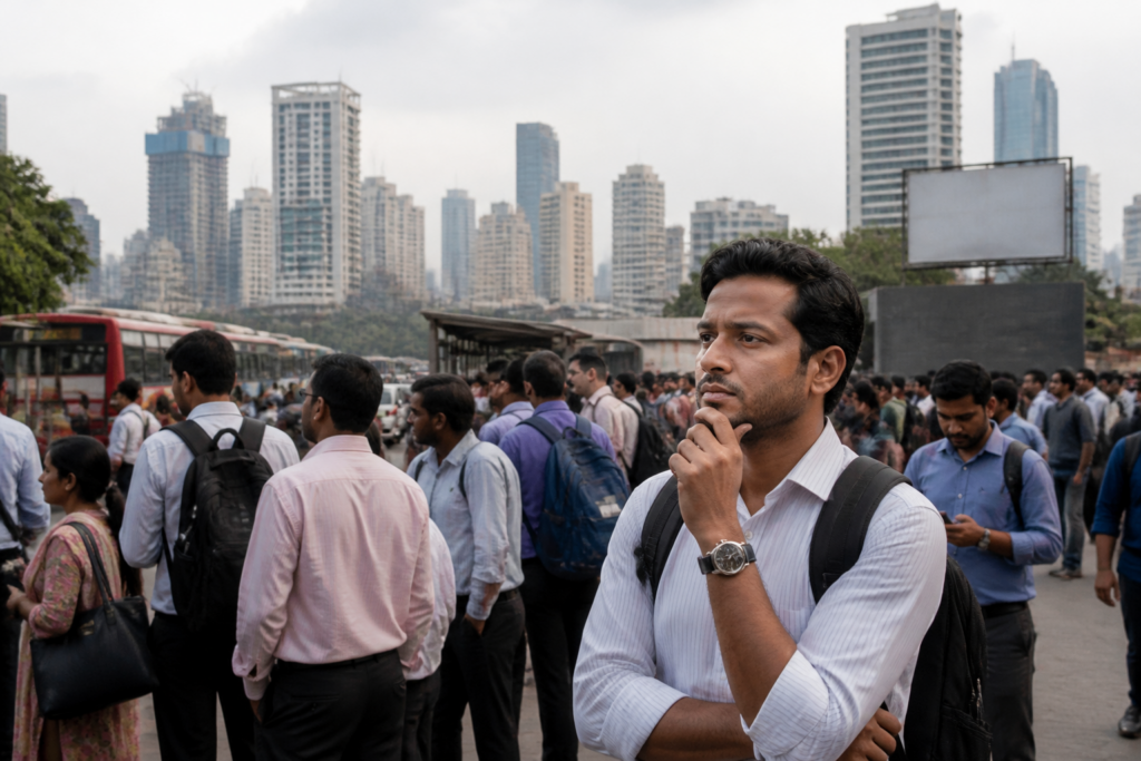 Urban unemployment data shown through commuters in a busy Indian city