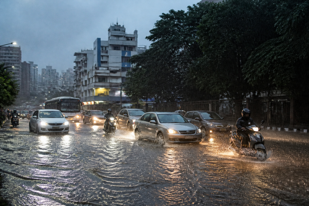 Bengaluru rain forecast showing a waterlogged city road during heavy showers