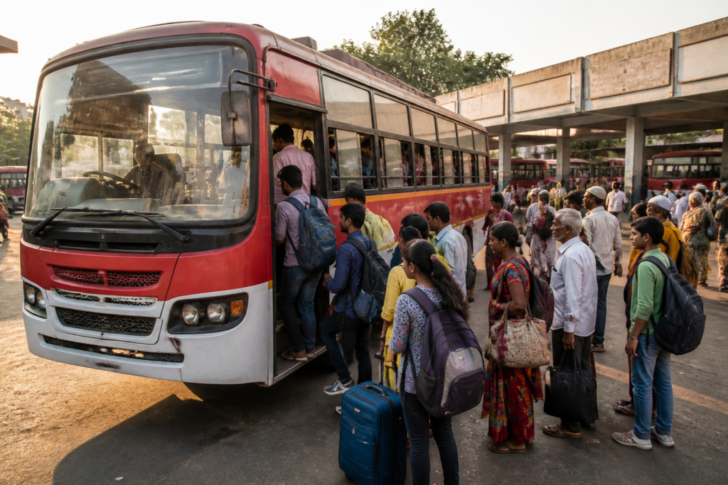 MSRTC bus serving passengers in Maharashtra as a proposed bus fare hike is rejected