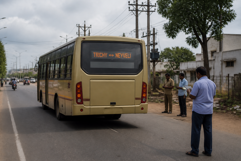 TNSTC bus with a digital route display at a Tamil Nadu roadside