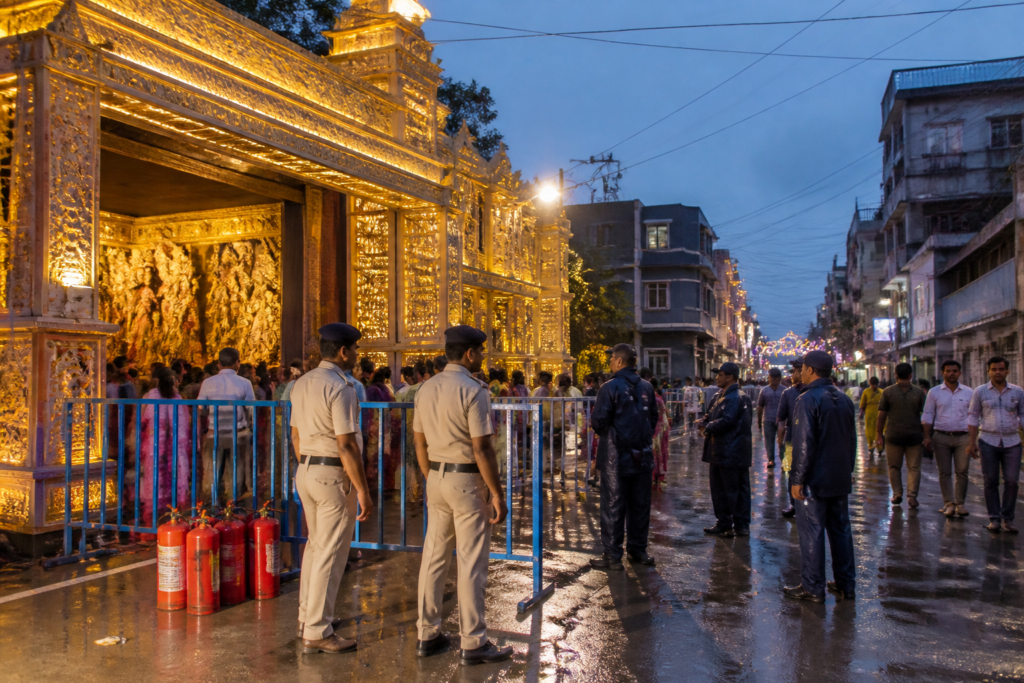 Durga Puja safety measures at a decorated pandal in Murshidabad, West Bengal
