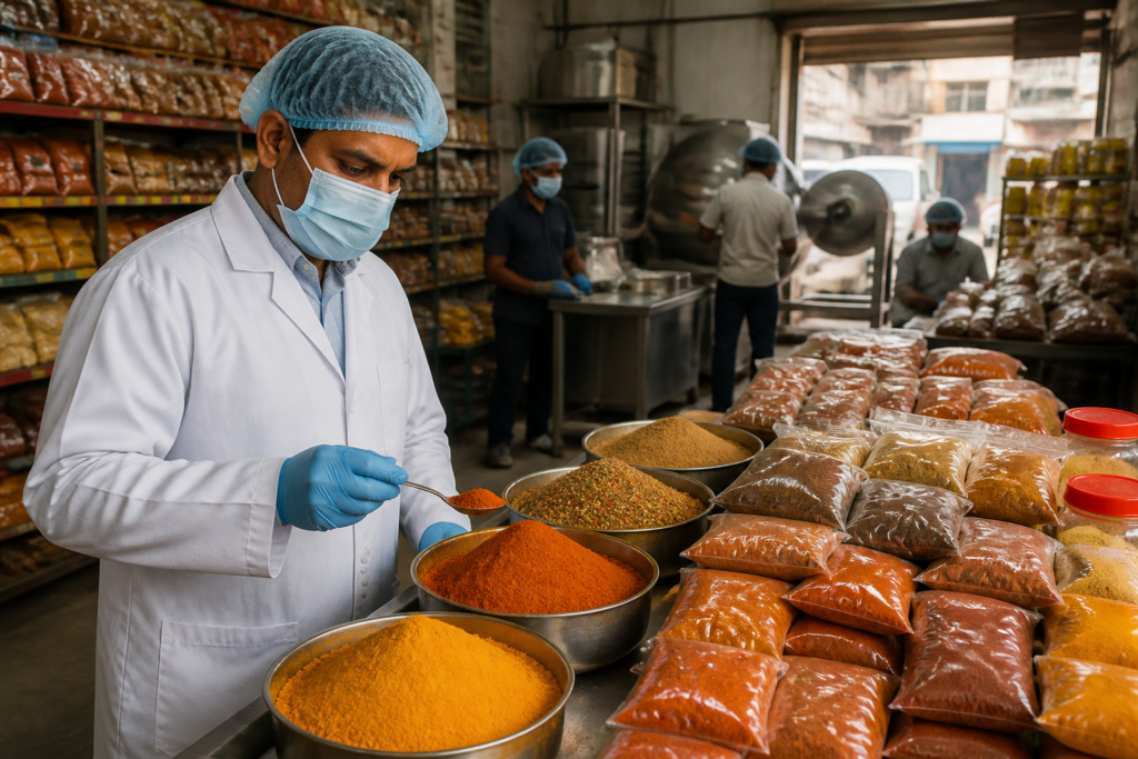 Maharashtra FDA spice monitoring at a spice market with packaged masalas and inspection activity