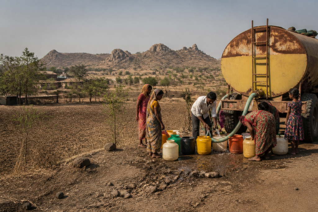 Maharashtra groundwater depletion reflected in a rural water tanker supplying a drought-affected settlement