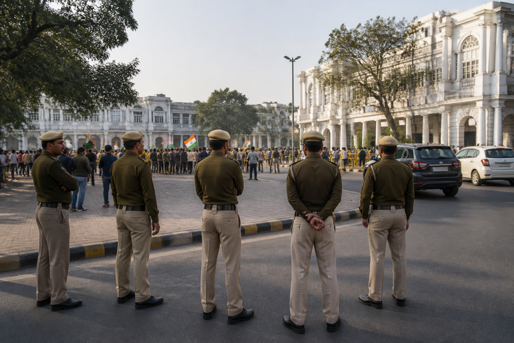 Connaught Place protest site in central Delhi with police regulating a public gathering