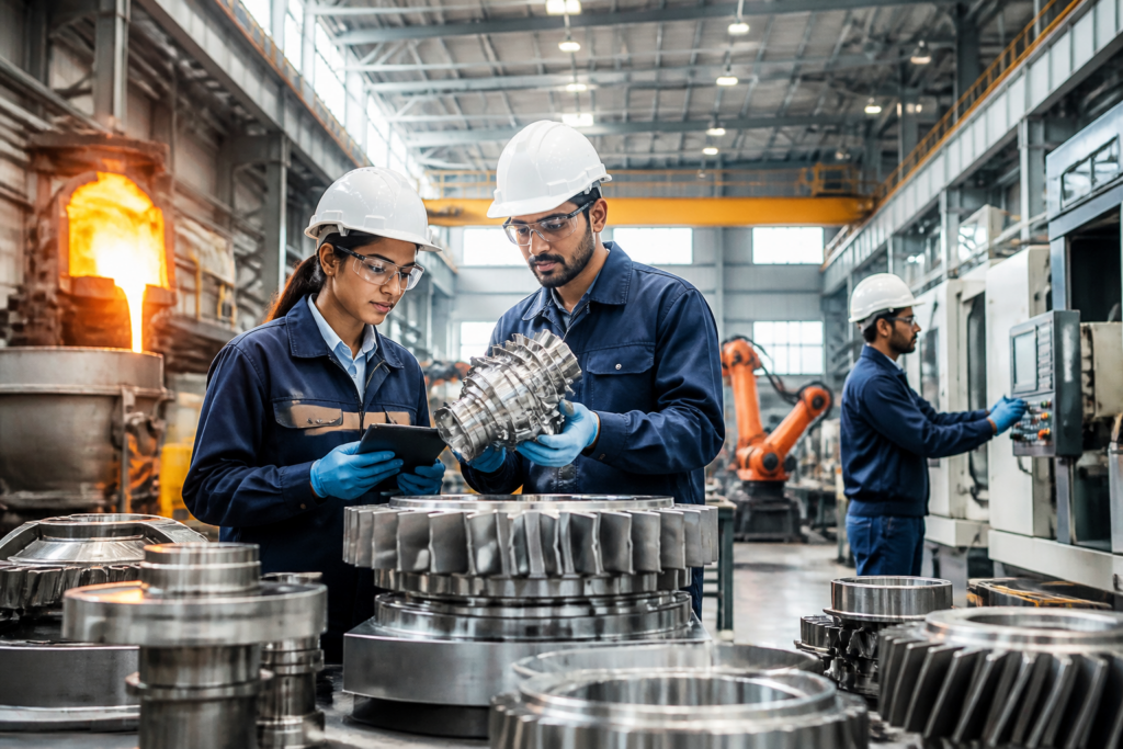 Telangana superalloys facility concept with advanced aerospace manufacturing equipment and industrial workers