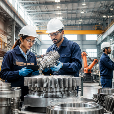 Telangana superalloys facility concept with advanced aerospace manufacturing equipment and industrial workers