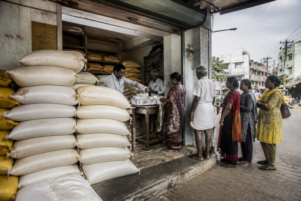 Rice bags at a Tamil Nadu ration shop as rice prices come under state monitoring