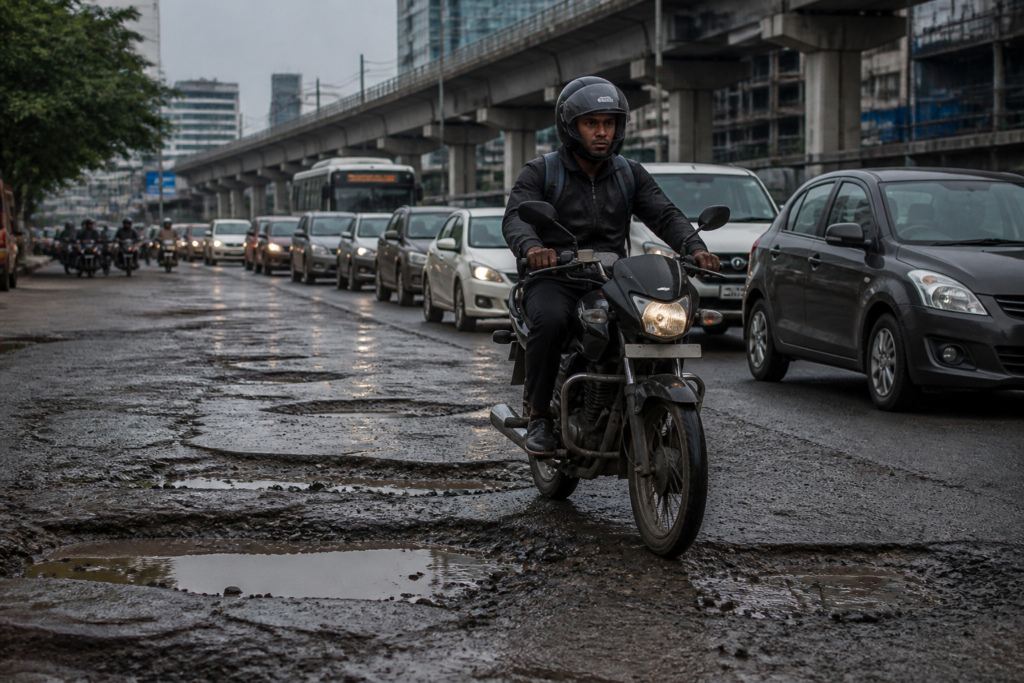 Hyderabad long commutes with a motorcyclist navigating an uneven urban road