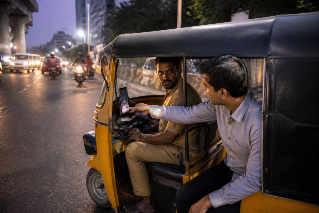 Hyderabad auto-rickshaw driver using a mobile phone while driving, highlighting road safety concerns