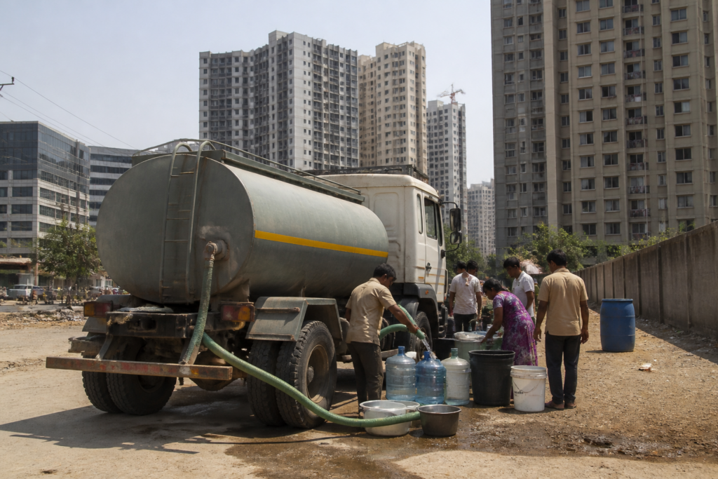 Hyderabad water crisis shown by a municipal tanker supplying a high-rise residential area