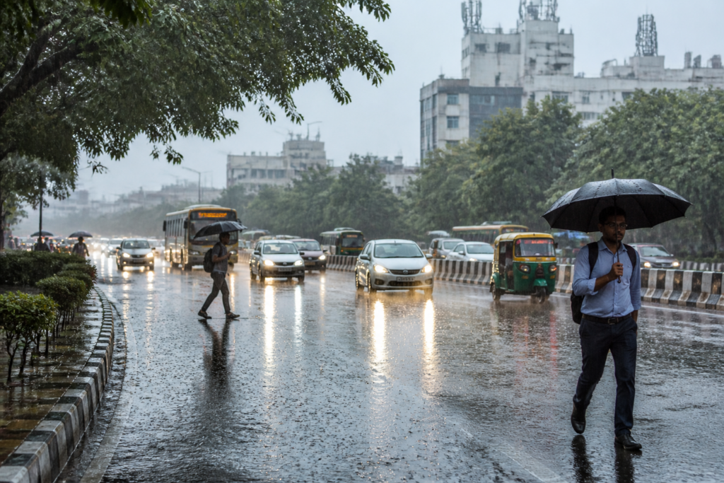 Delhi rain falling over wet roads as cloudy skies lower temperatures across the city