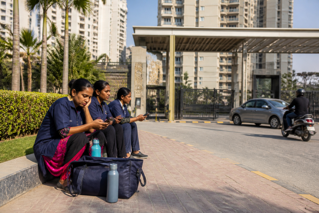 Noida gig workers waiting outside a high-rise housing society between bookings