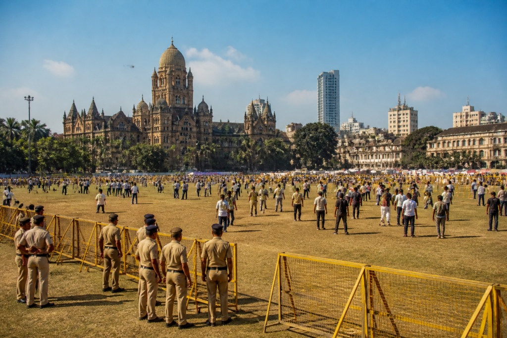 Mumbai Tiranga rally preparations at Azad Maidan, a designated protest ground