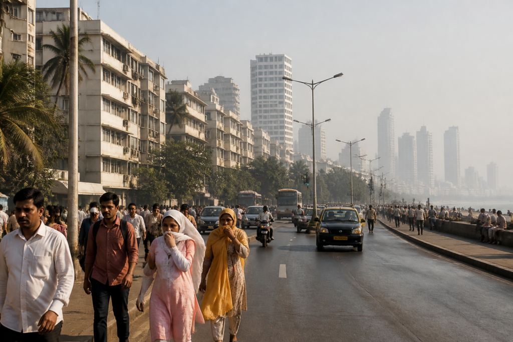 Mumbai heatwave conditions over the city with commuters under harsh October sunlight.