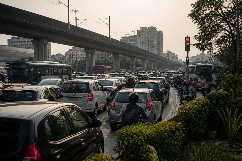 Pune traffic congestion on a busy urban road, representing the Pune traffic study.